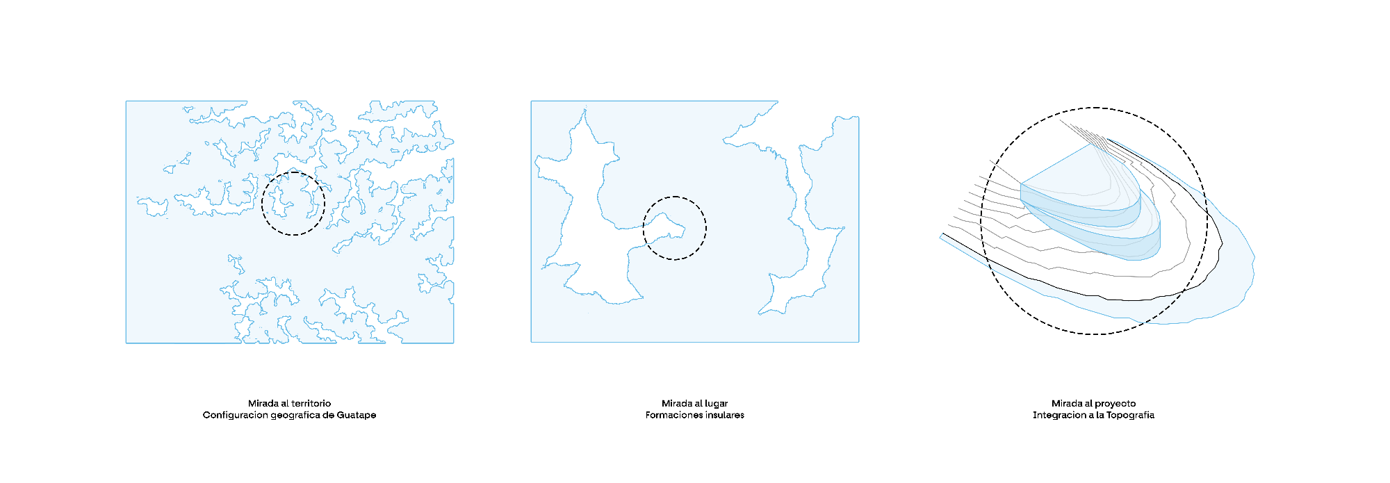 Architectural concept diagrams showing how the cabin is shaped by the landscape and topography of Guatapé