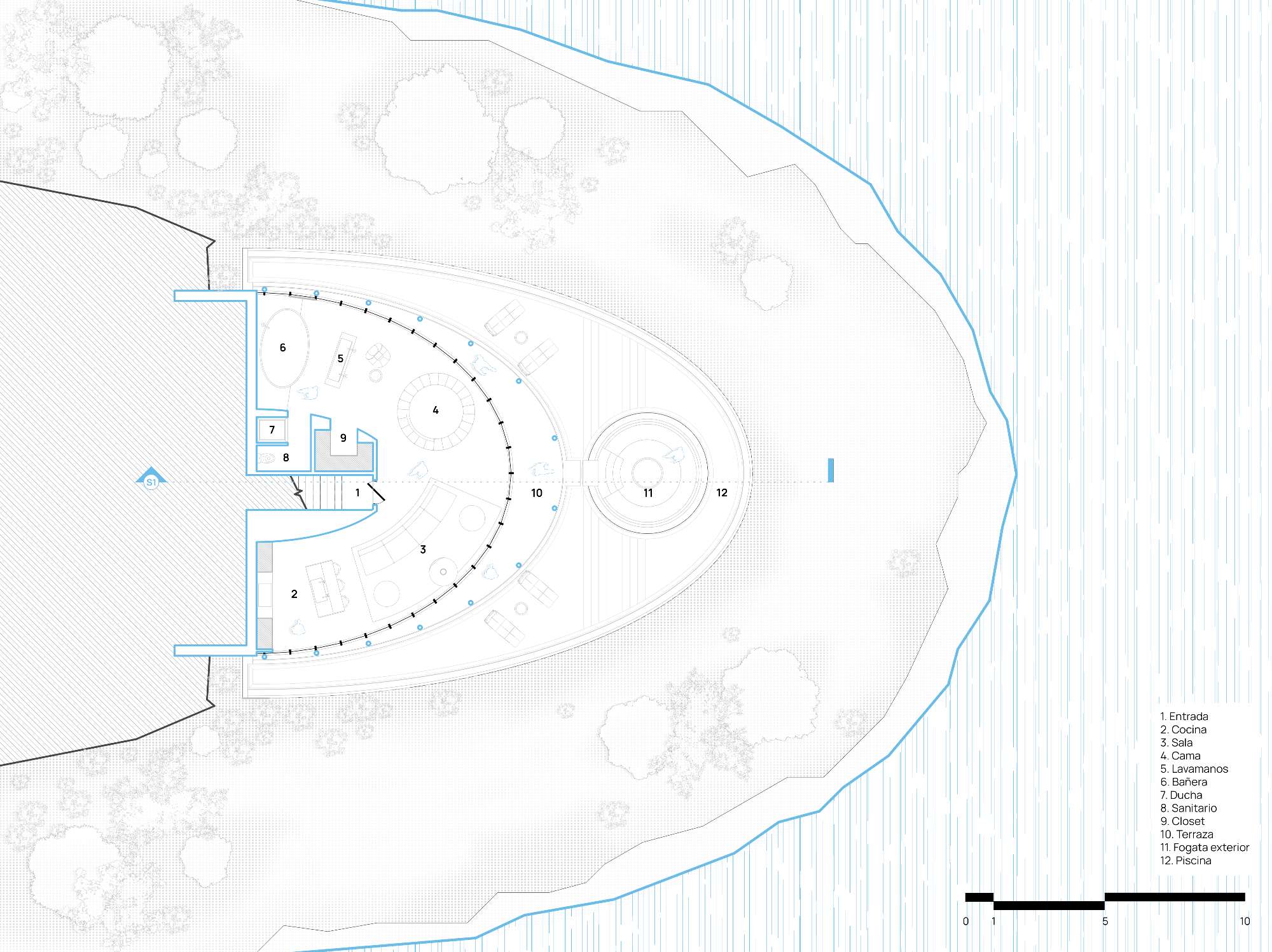 Architectural floor plan of a luxury cabin designed to maximize lake views in Guatapé