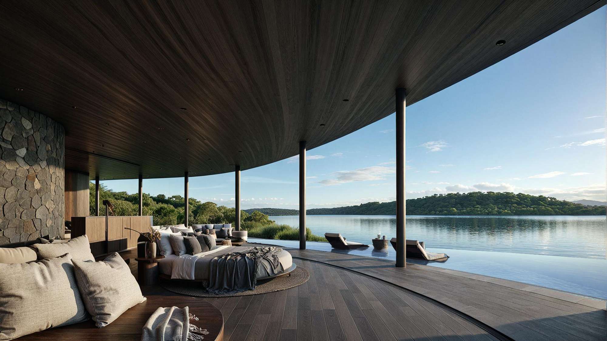 Contemporary luxury bedroom with panoramic lake views in a cabin designed for Guatapé.