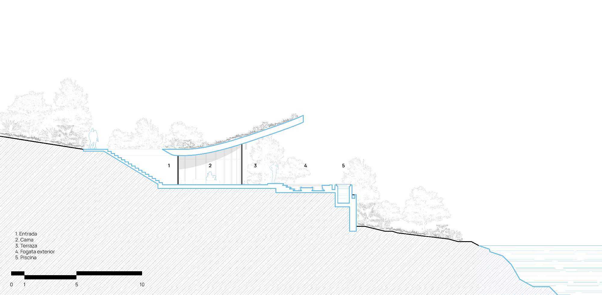 Architectural section illustrating how the cabin integrates with the terrain and lakefront landscape.