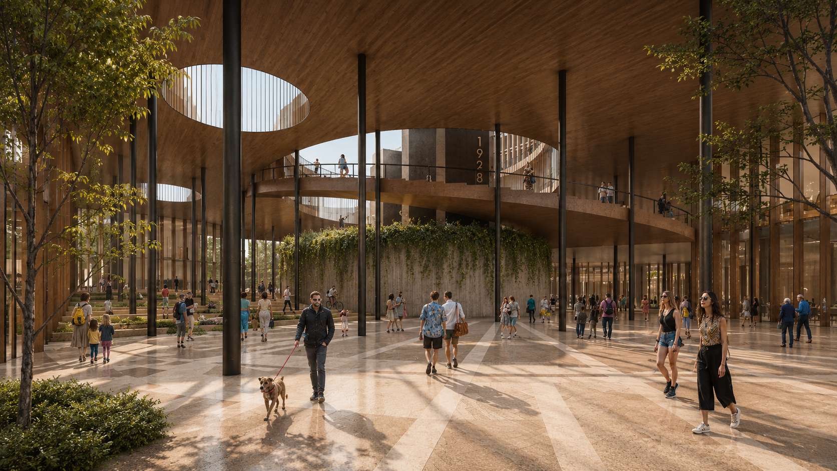 Mixed-use civic center combining public services, commercial spaces and community gathering areas.