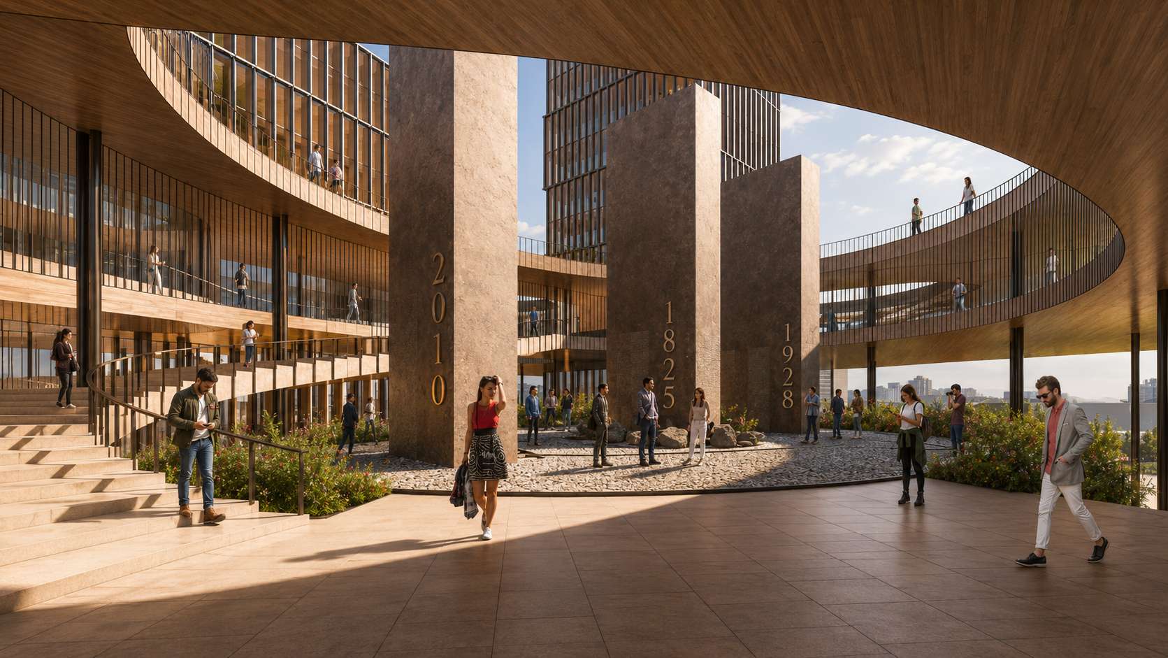 Memorial courtyard integrating public space, landscape and collective memory within the civic center.