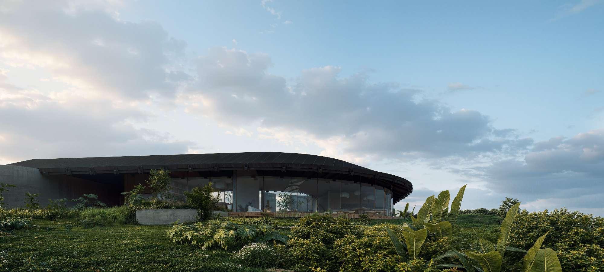 Exterior view of a contemporary landscape house blending architecture, vegetation and outdoor living spaces.