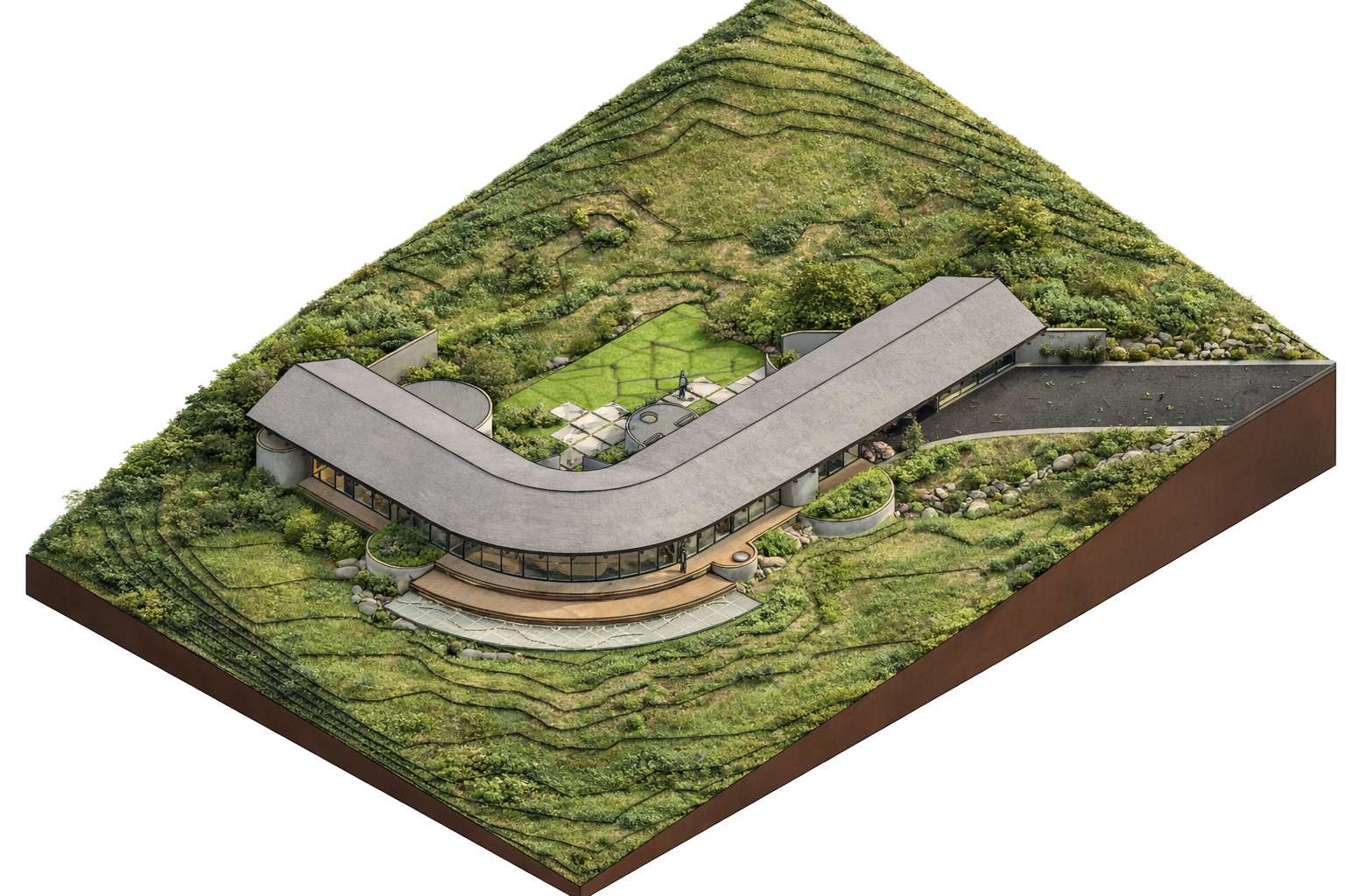 Aerial view of a nature-integrated house following the site's topography through a continuous curved geometry.