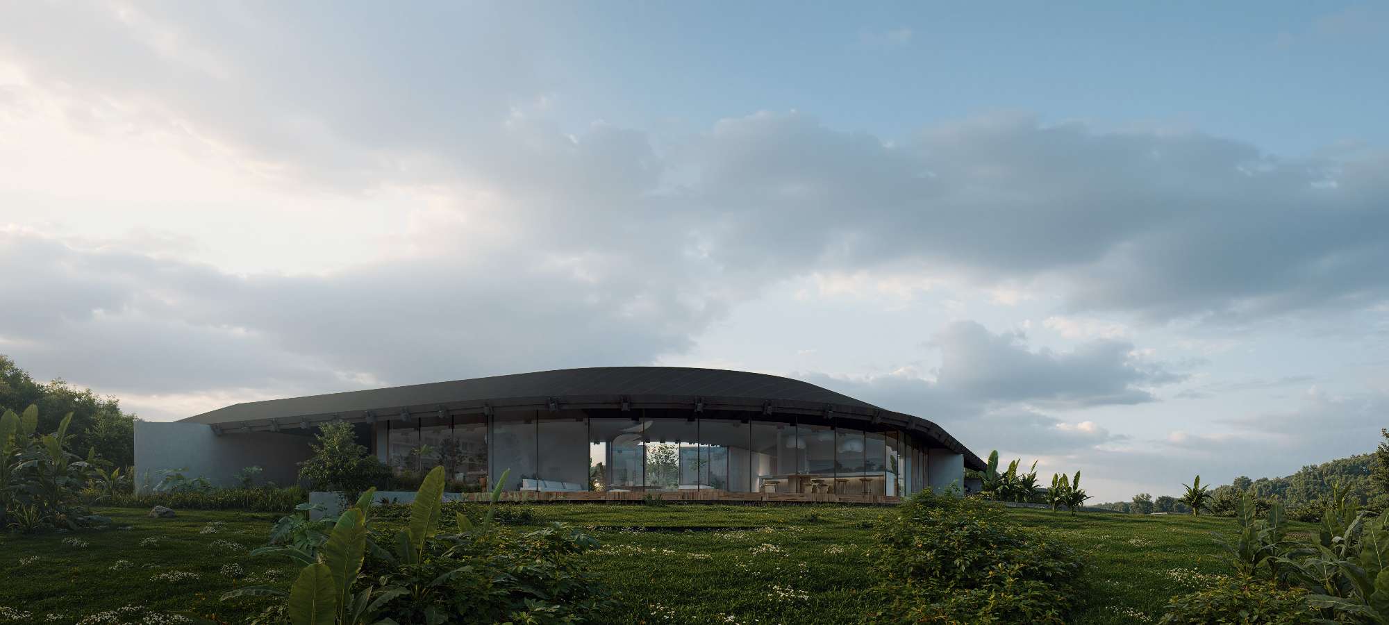 Panoramic view of a contemporary house designed to merge architecture, landscape and everyday wellbeing.