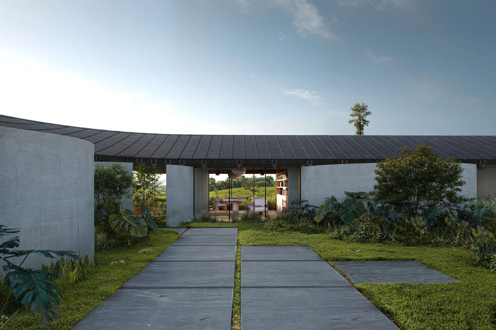Courtyard entrance integrating concrete, natural vegetation and a continuous roof into a contemporary residence.
