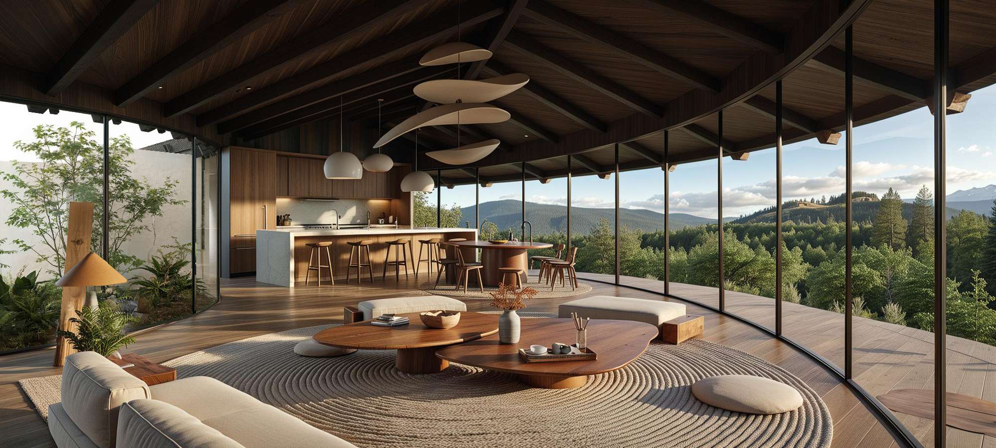 Open-plan living room connected to the surrounding landscape through floor-to-ceiling glass and natural materials.