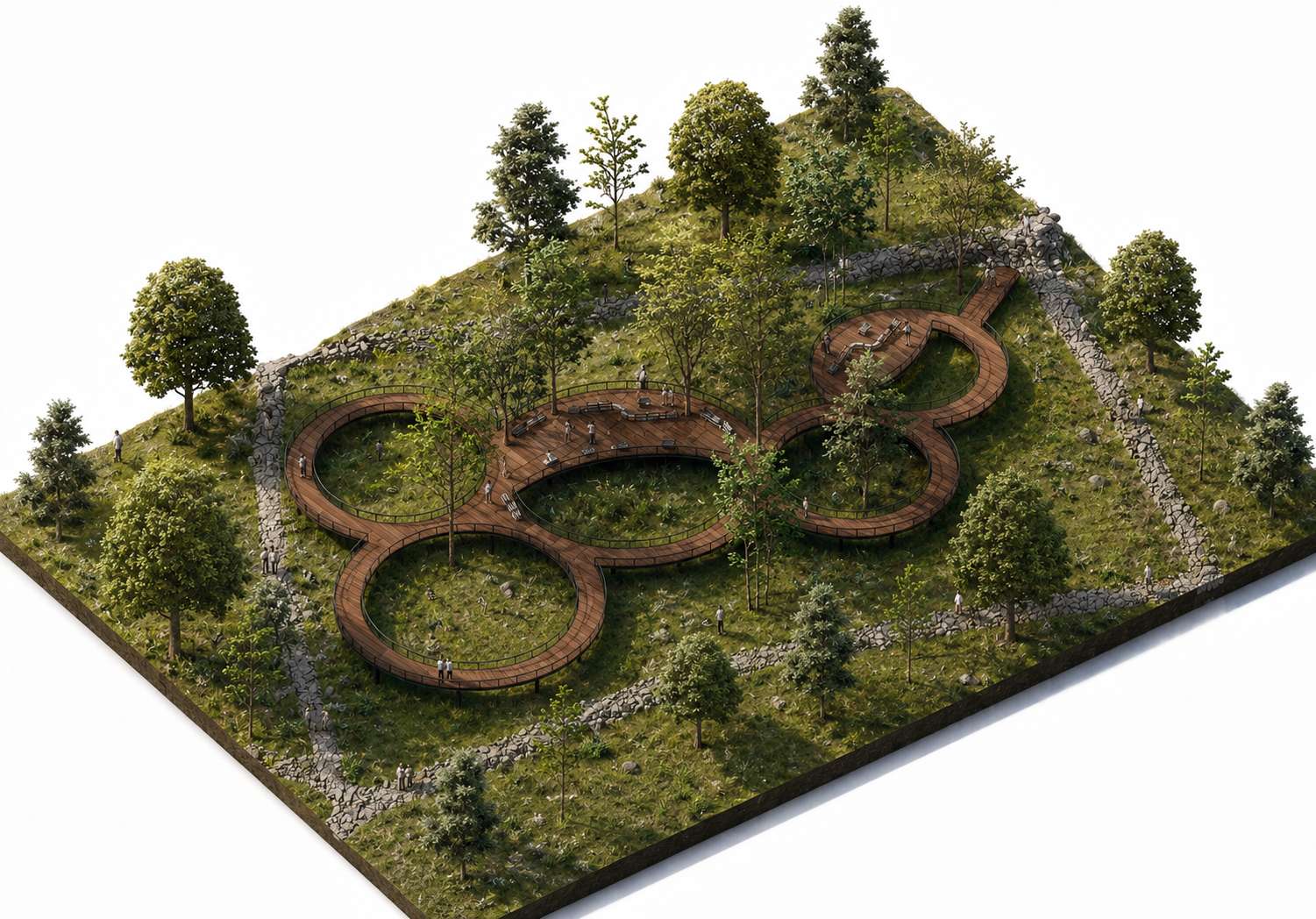 Landscape masterplan integrating elevated walkways with existing topography and native vegetation.
