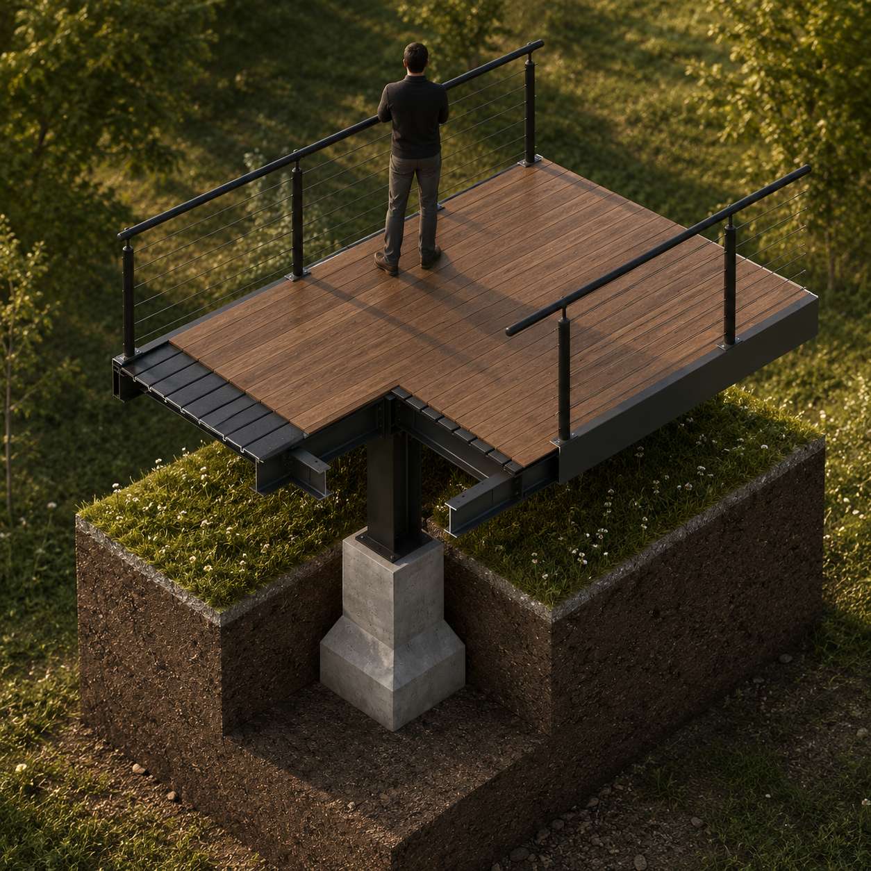 Structural detail showing the lightweight construction of an elevated boardwalk minimizing impact on the natural landscape.