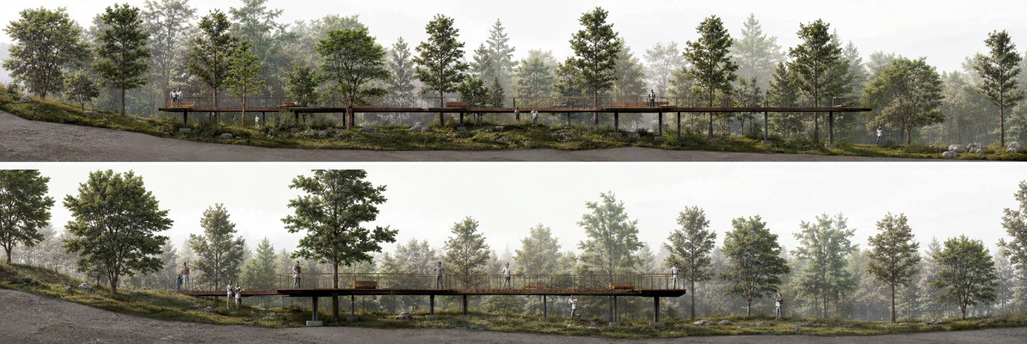 Minimal elevated boardwalk preserving the natural terrain while creating accessible public space.