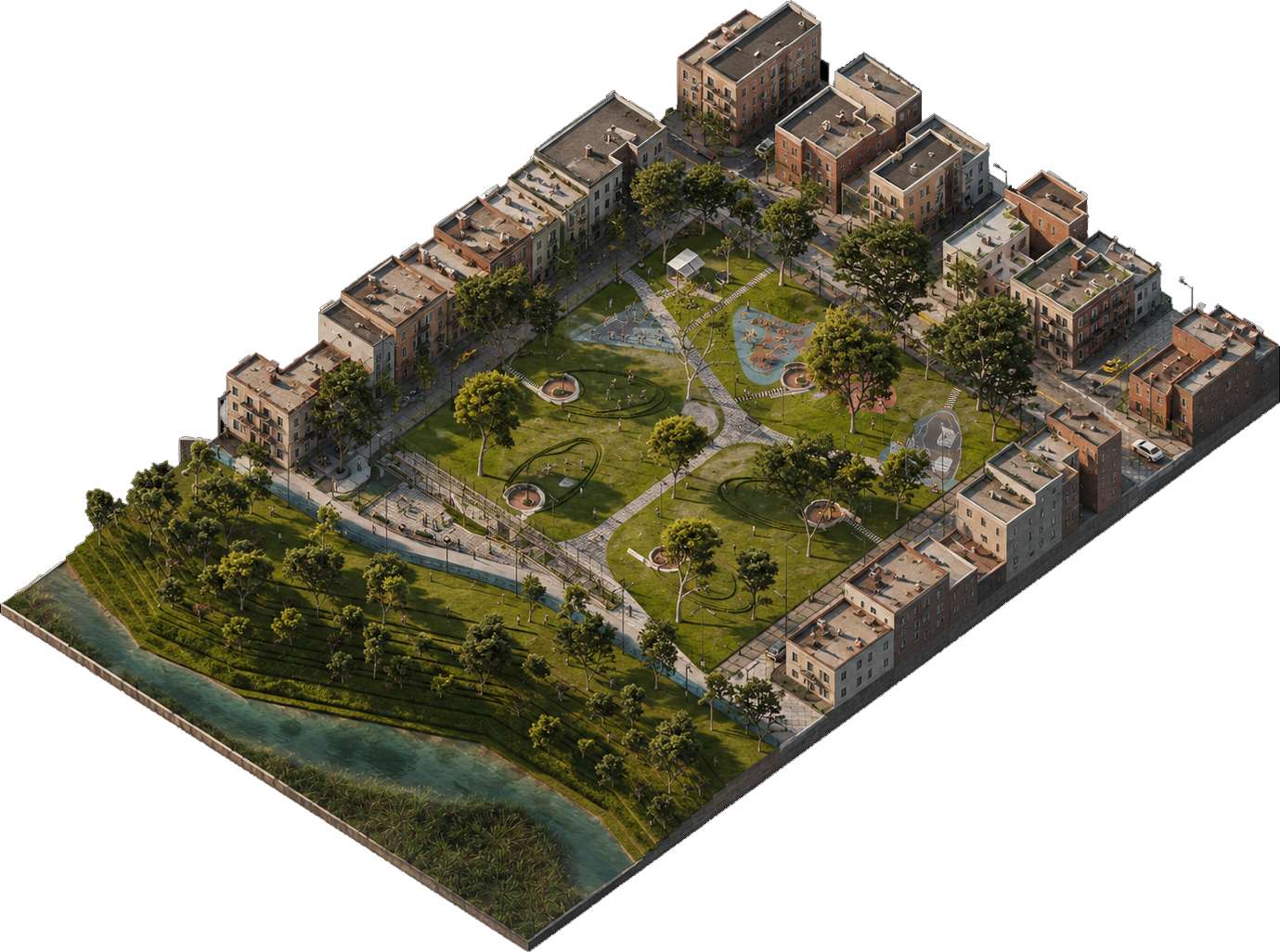 Landscape masterplan illustrating the integration of public space, housing and ecological corridors next to the Jaboque wetland.