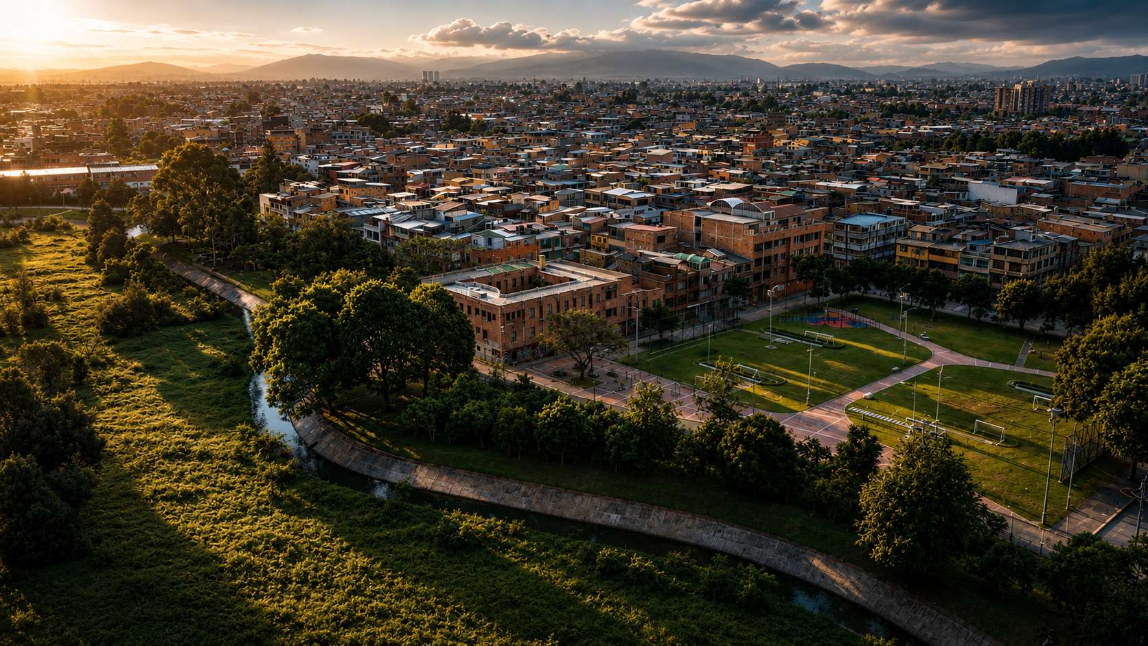 Urban park located beside the Jaboque wetland, connecting neighborhood life with ecological restoration.