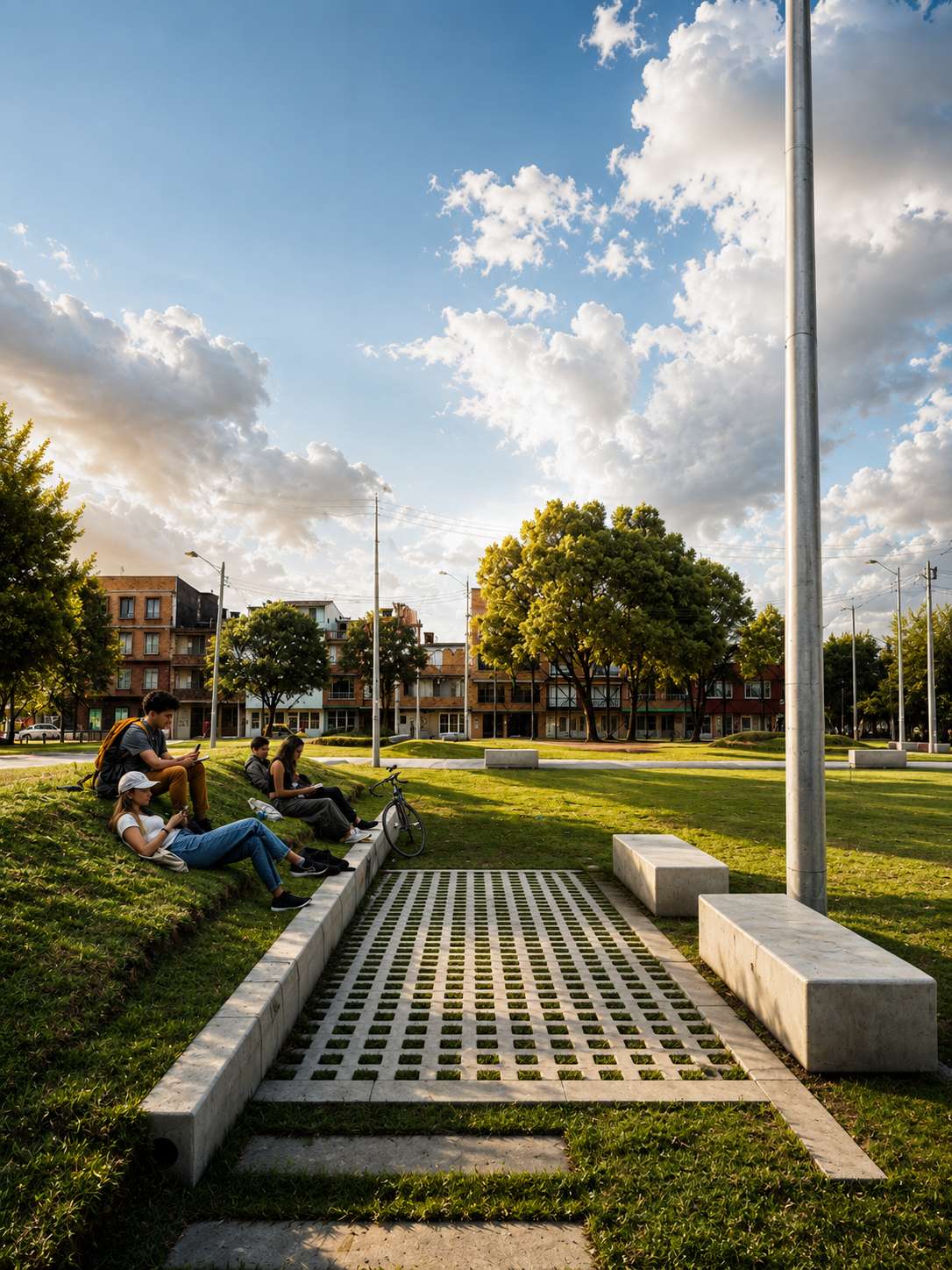Community members enjoying informal seating integrated into the landscape of a contemporary neighborhood park.