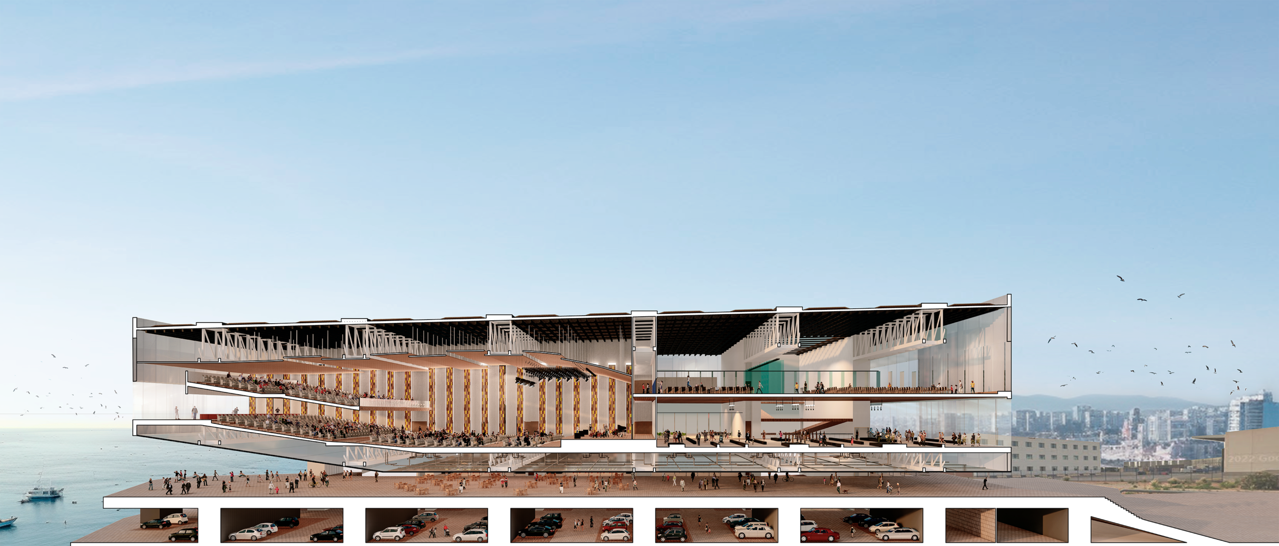 Architectural section illustrating passive environmental strategies and seawater cooling in a Mediterranean convention center.Architectural section illustrating passive environmental strategies and seawater cooling in a Mediterranean convention center.
