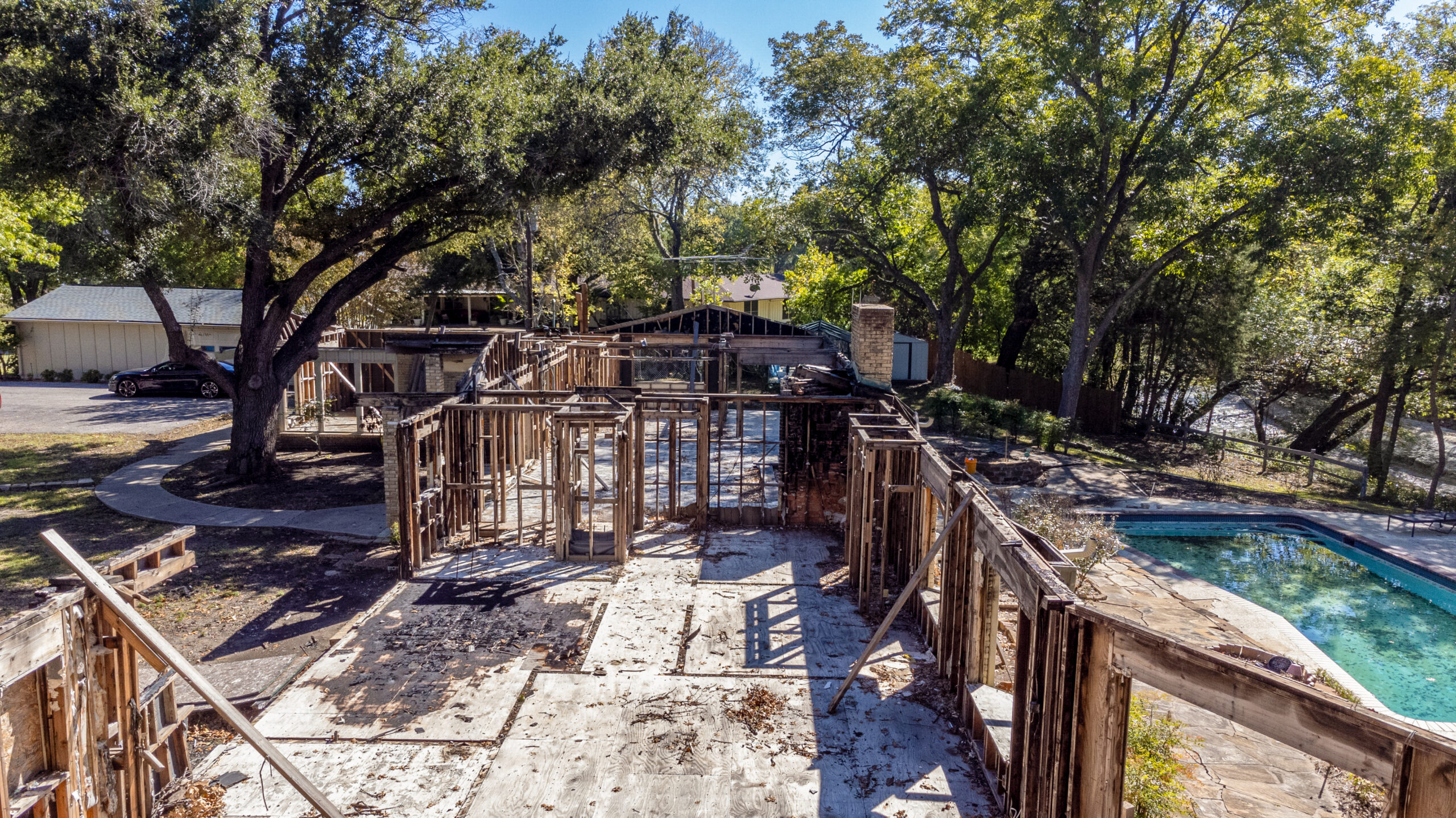 Existing house after a fire before being transformed into a new contemporary residence in Texas.