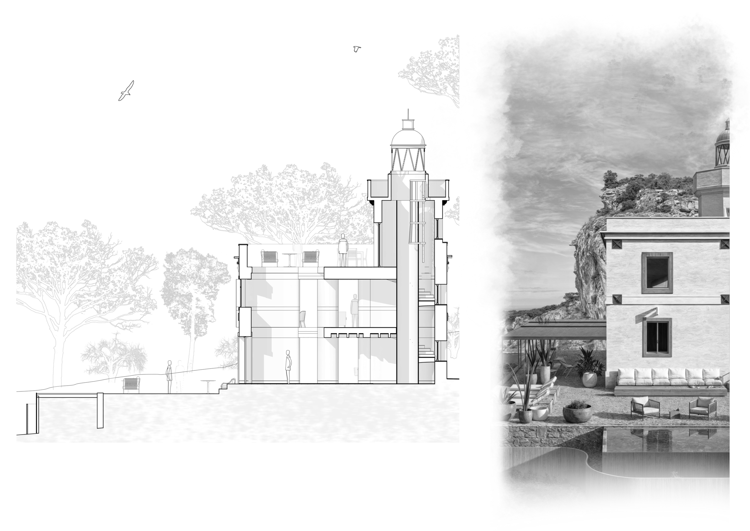 Architectural section illustrating the adaptive reuse strategy inside a historic lighthouse.