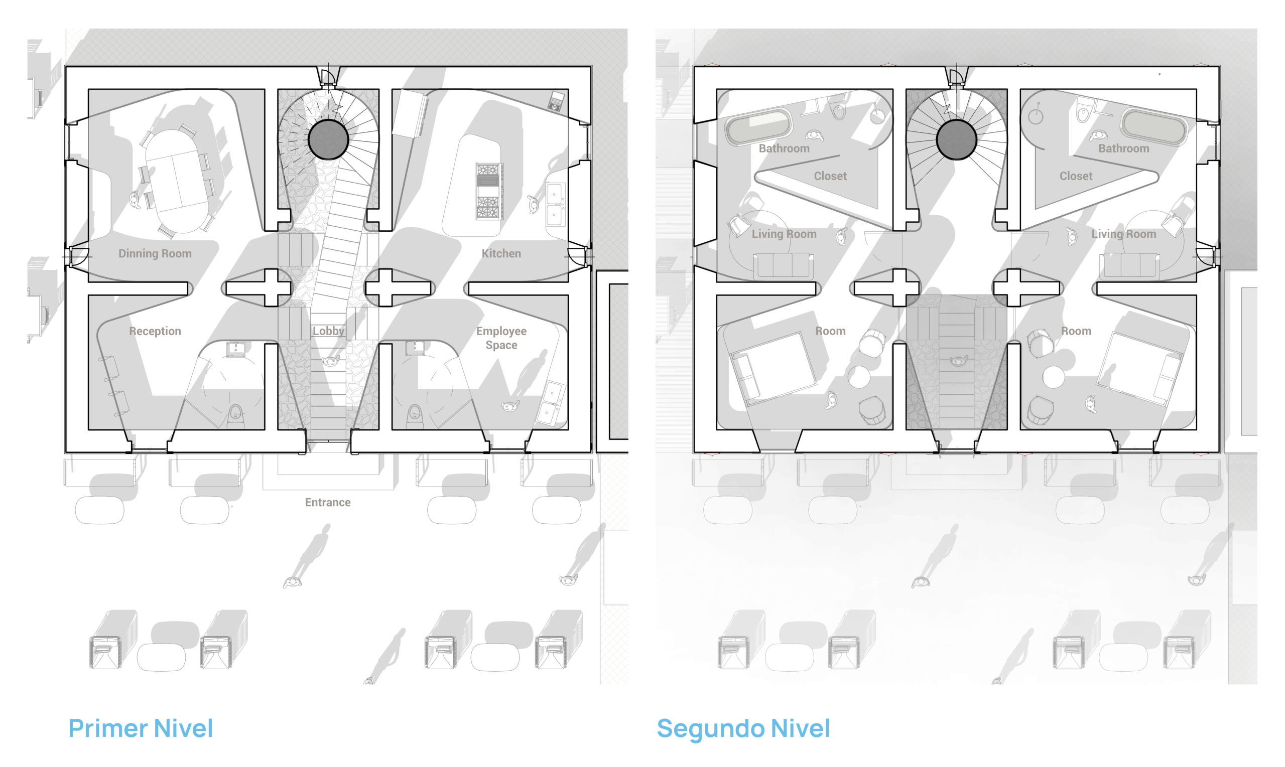Floor plans illustrating the architectural envelope strategy for a boutique hotel renovation.