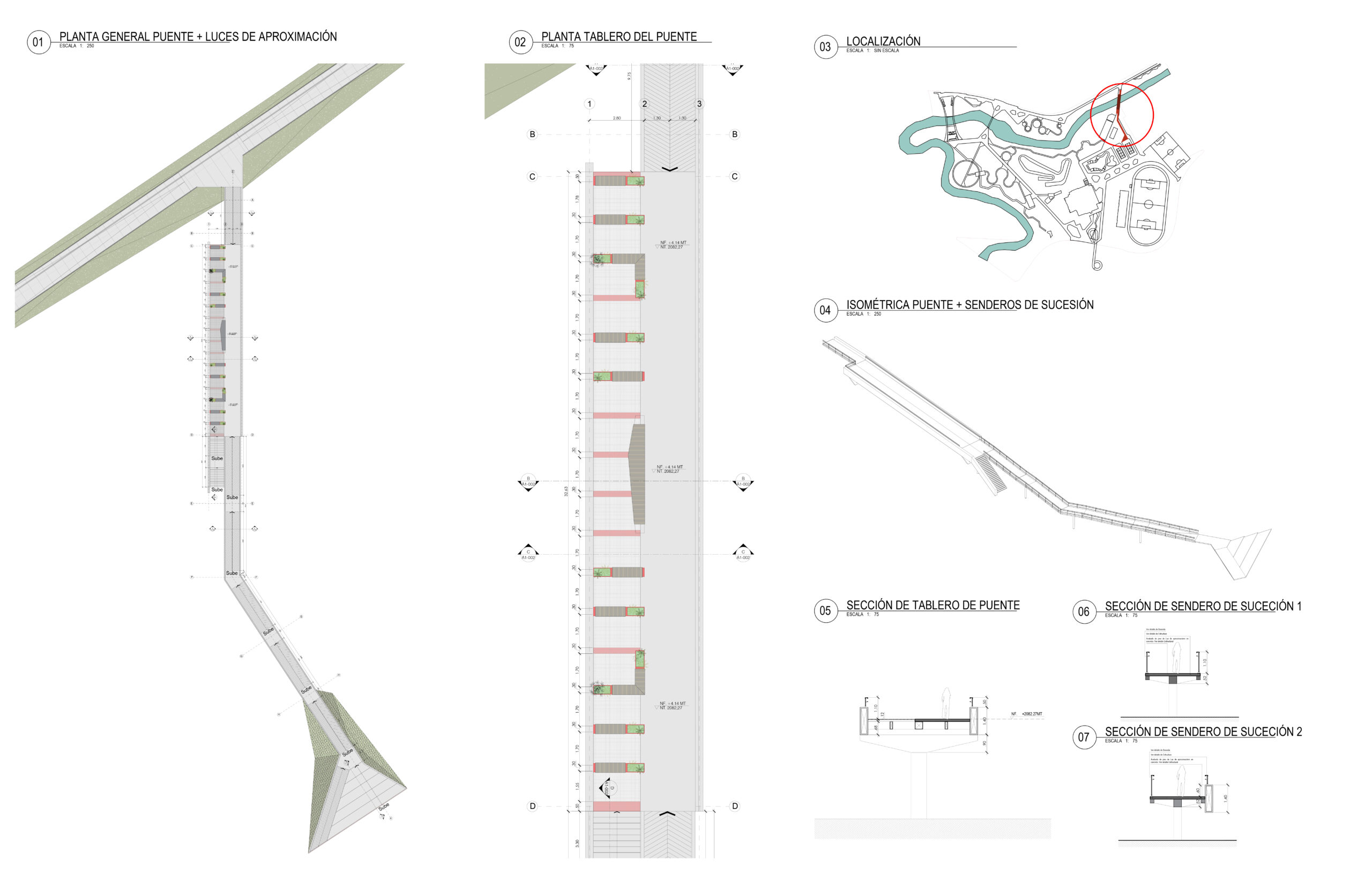 Construction drawings and plans illustrating the layout, sections and structural organization of the pedestrian bridge.