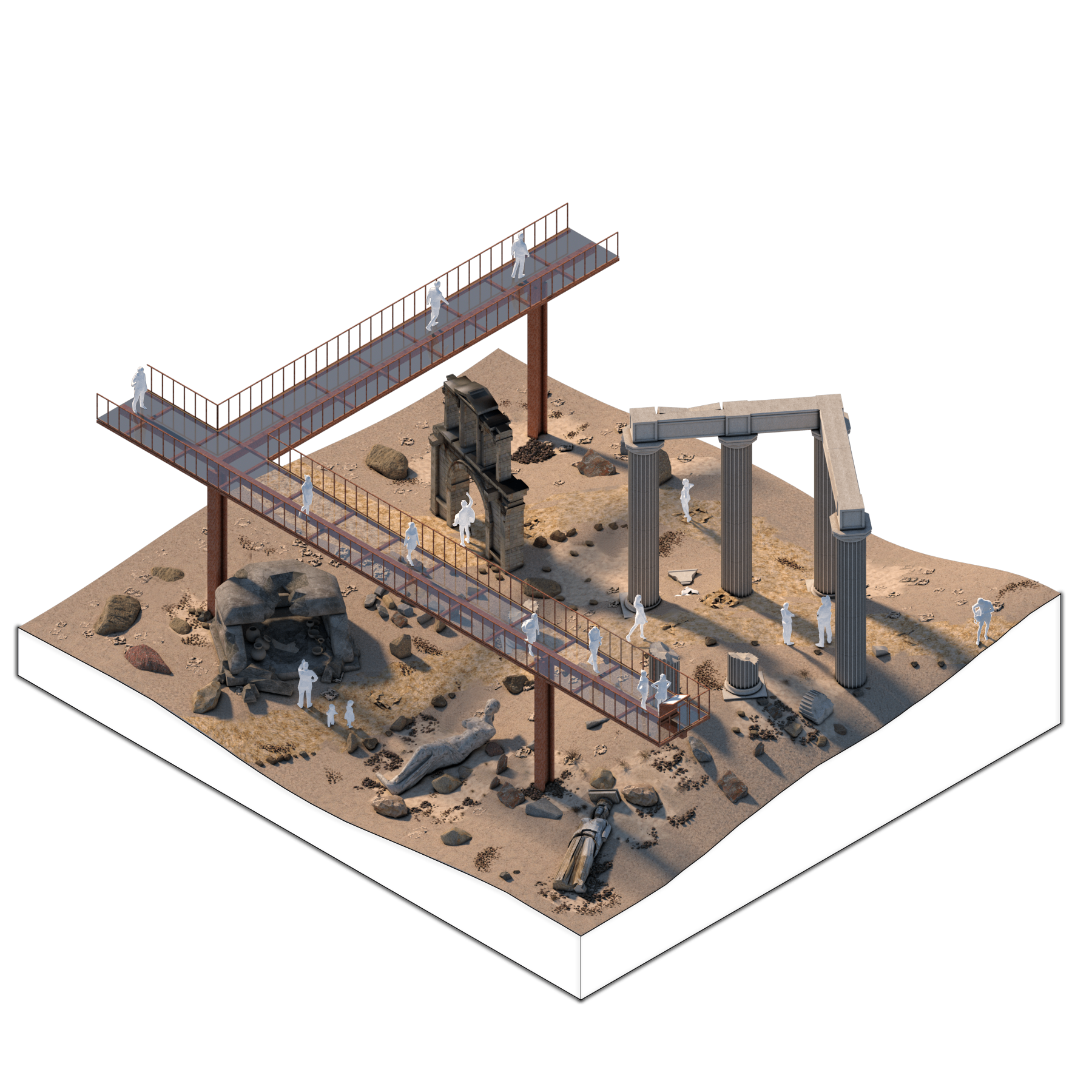 Elevated heritage trail guiding visitors through archaeological remains while preserving the historic terrain.