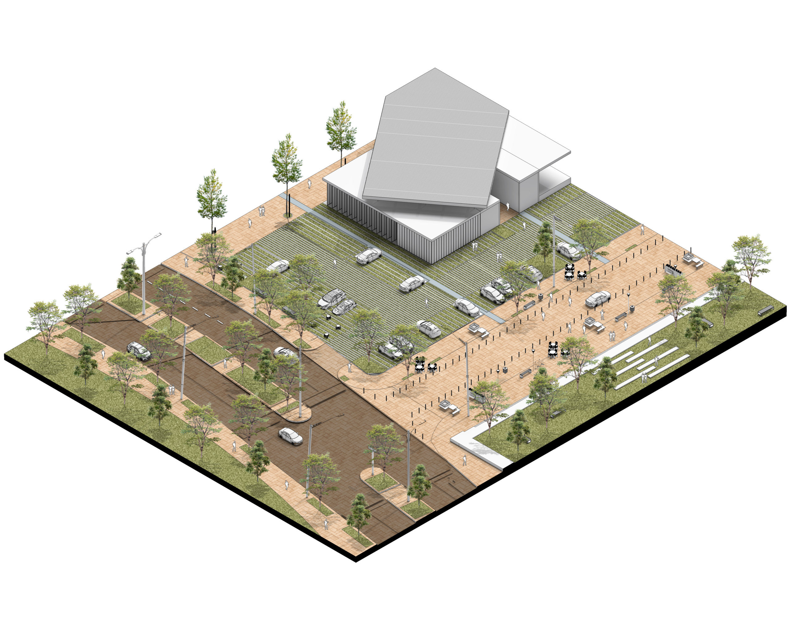 Axonometric diagram illustrating the coexistence of parking, public space and cultural activities.
