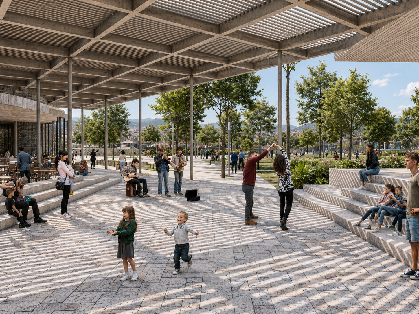 Covered public plaza creating a flexible gathering space for performances, markets and community events.