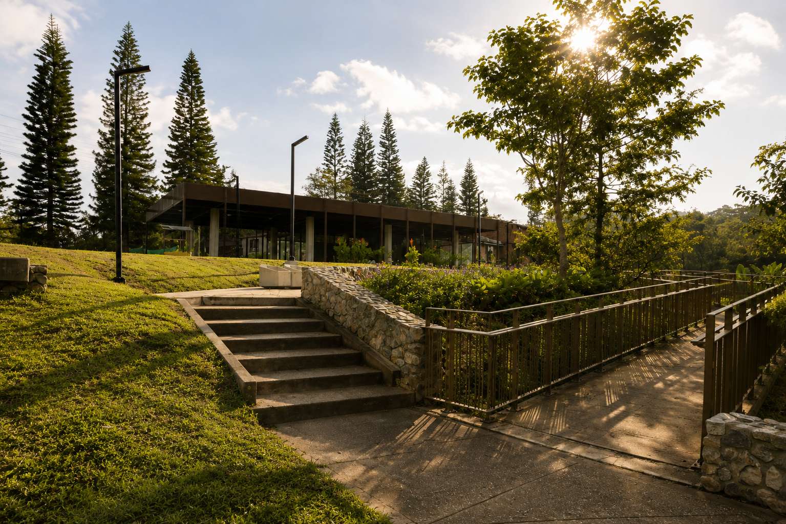 Restaurant pavilion connected to pedestrian paths and public space beside the river.
