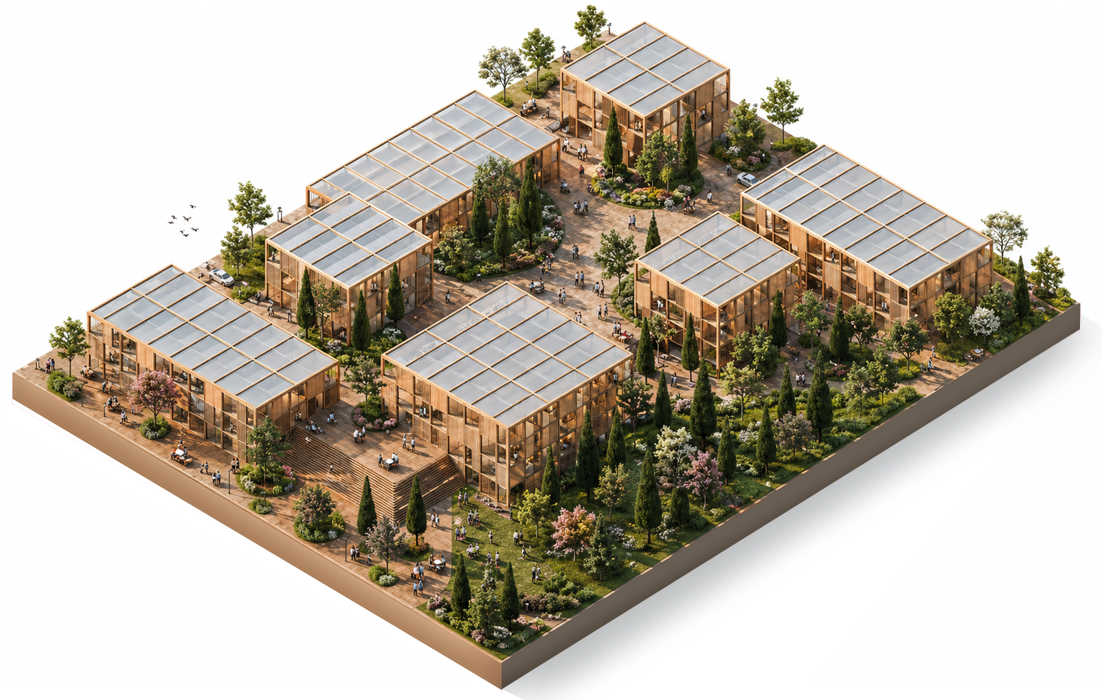 Axonometric view illustrating modular housing blocks, green courtyards and community-oriented urban design