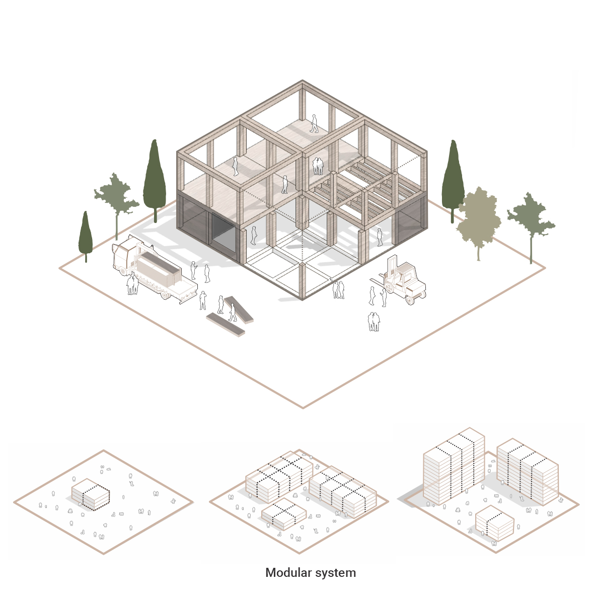 Modular construction system designed to support adaptable residential neighborhoods over time.