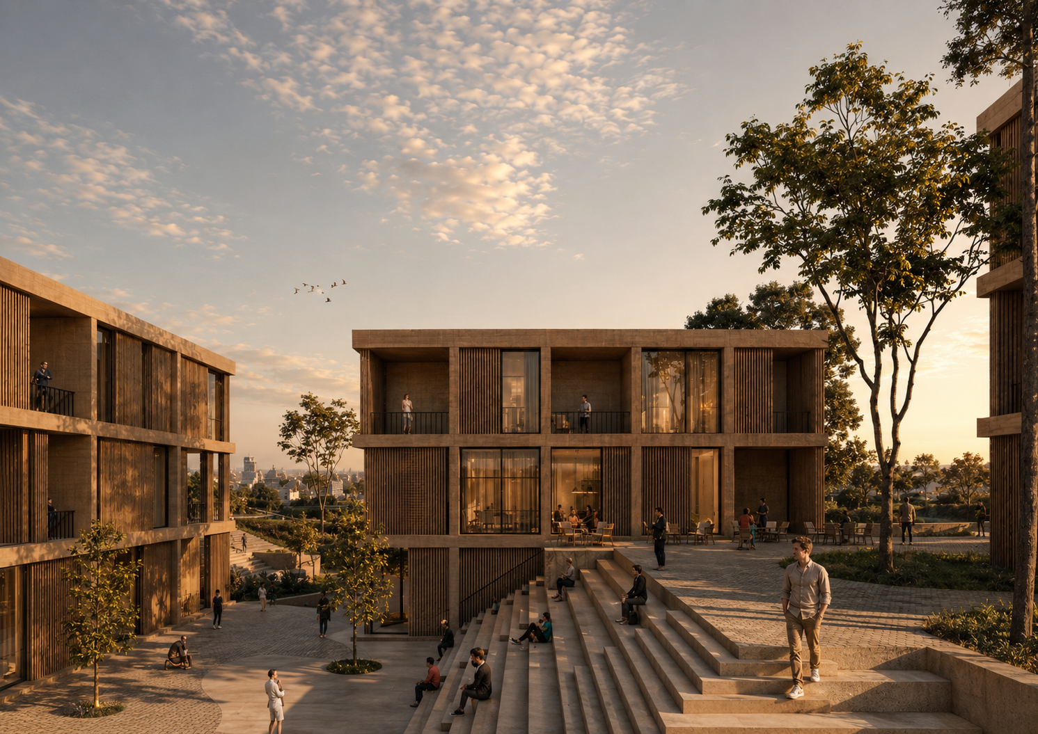 Walkable residential community with mixed-use buildings, public squares and human-scale urban design.
