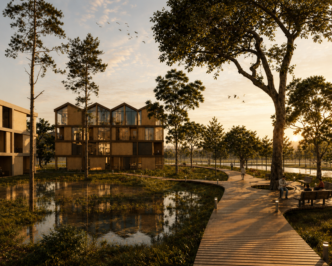 Residential neighborhood designed with wetlands, rainwater management and public green spaces.